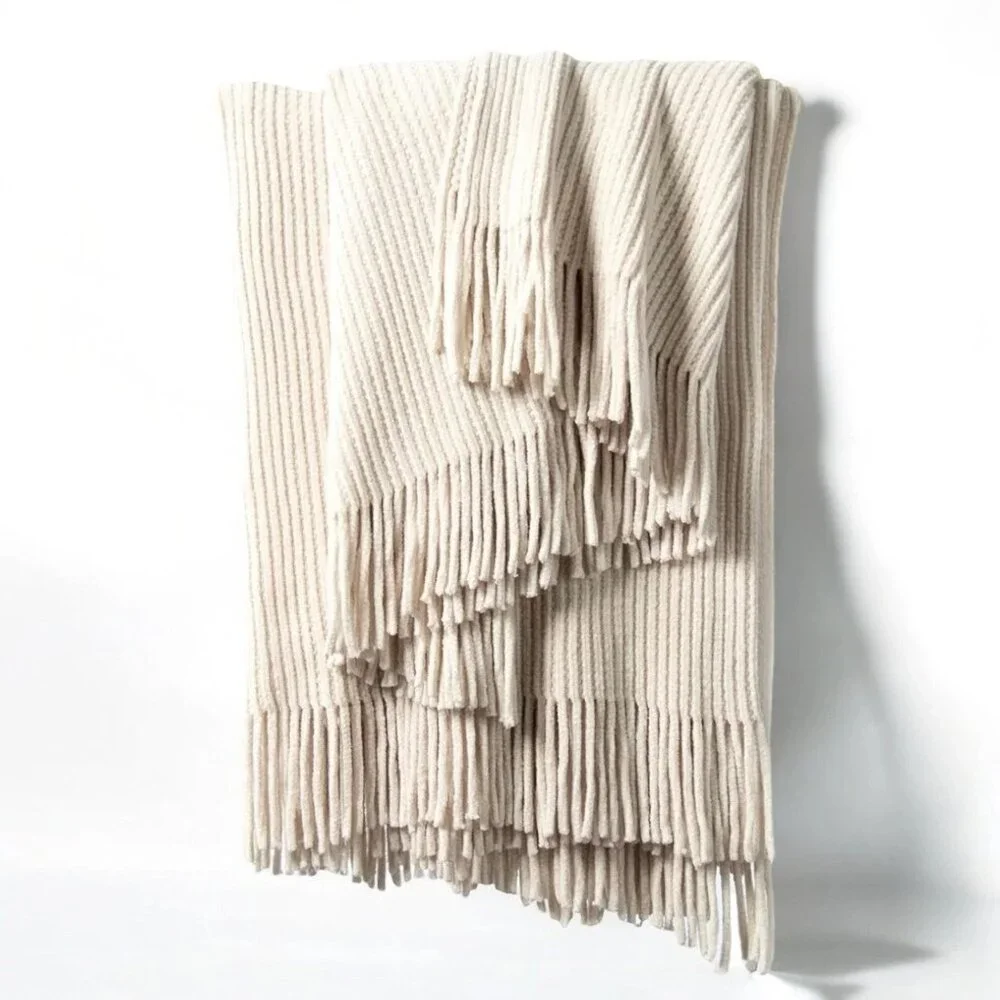 NEW West Elm Boho Cream Ivory Tassel Chenille Knit Throw Blanket - 50